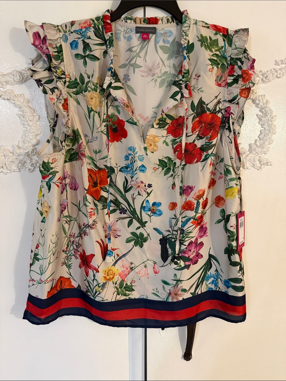 Vince Camuto Floral Ruffle-Sleeve V-Neck Blouse with Red & Navy Trim